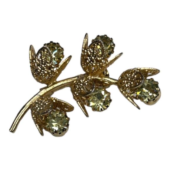 Vintage Green Crystal Goldtone Floral Flower Brooch Pin - Picture 7 of 8